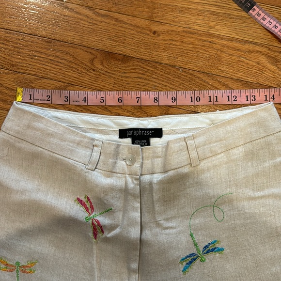 Ladies size 10 lined Capri linen pants with embroidered dragon flies - Picture 6 of 6